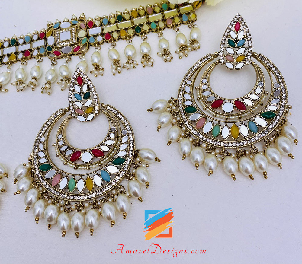 Mirror Multicoloured Lightweight Flexible Choker Earrings Tikka Set
