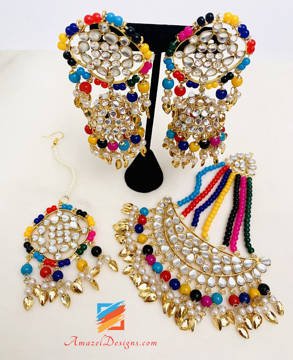 Multicoloured Lightweight Kundan Pippal Patti Jhumka Tikka Passa Jhumer Set
