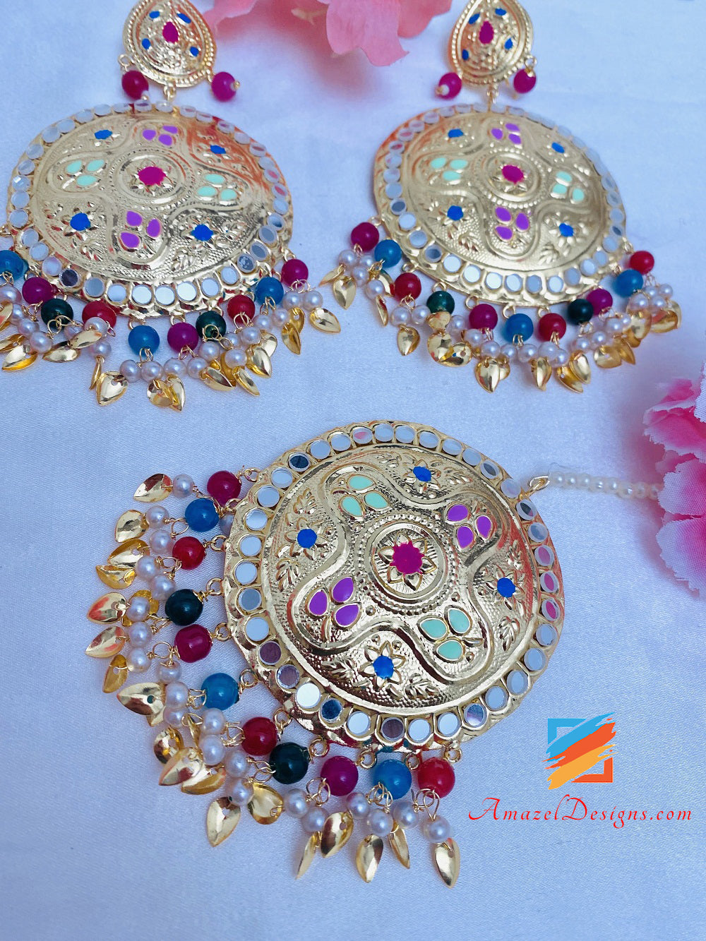 Multicoloured Sheesha Lightweight Pippal Patti Oversized Earrings Tikka Set