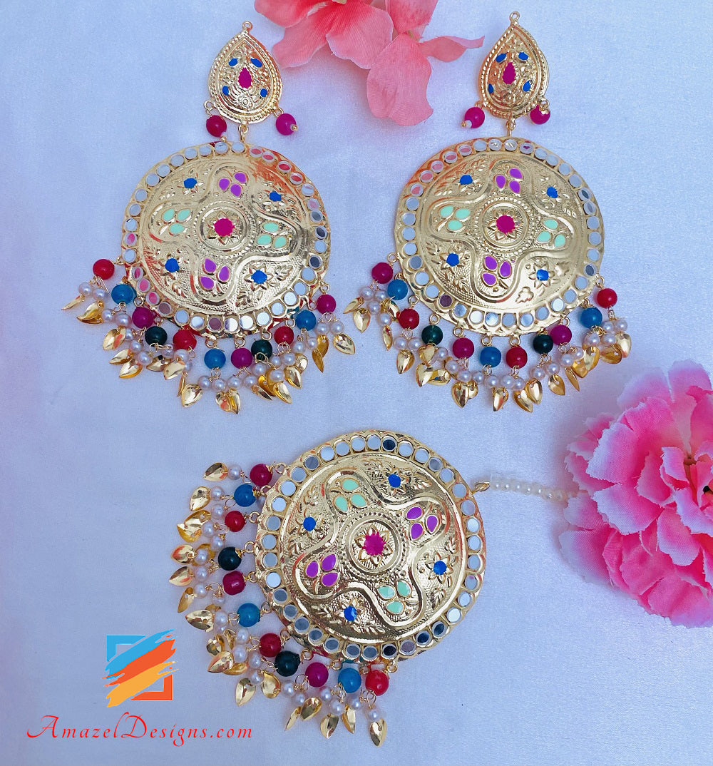 Multicoloured Sheesha Lightweight Pippal Patti Oversized Earrings Tikka Set
