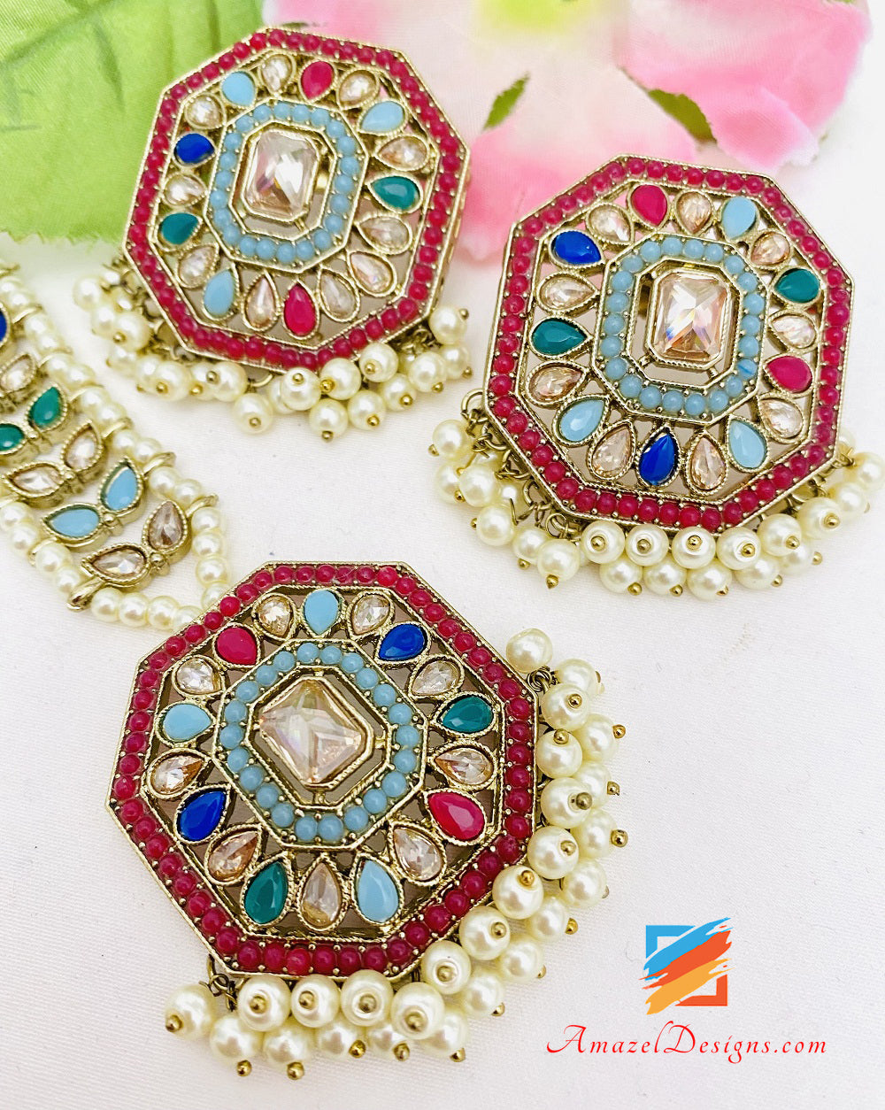 Multicoloured Lightweight Studs Earrings Tikka Set