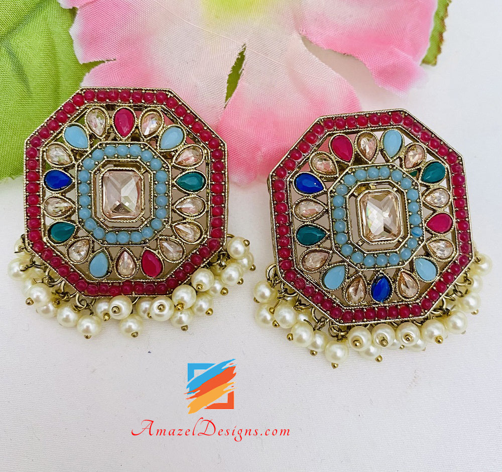 Multicoloured Lightweight Studs Earrings Tikka Set