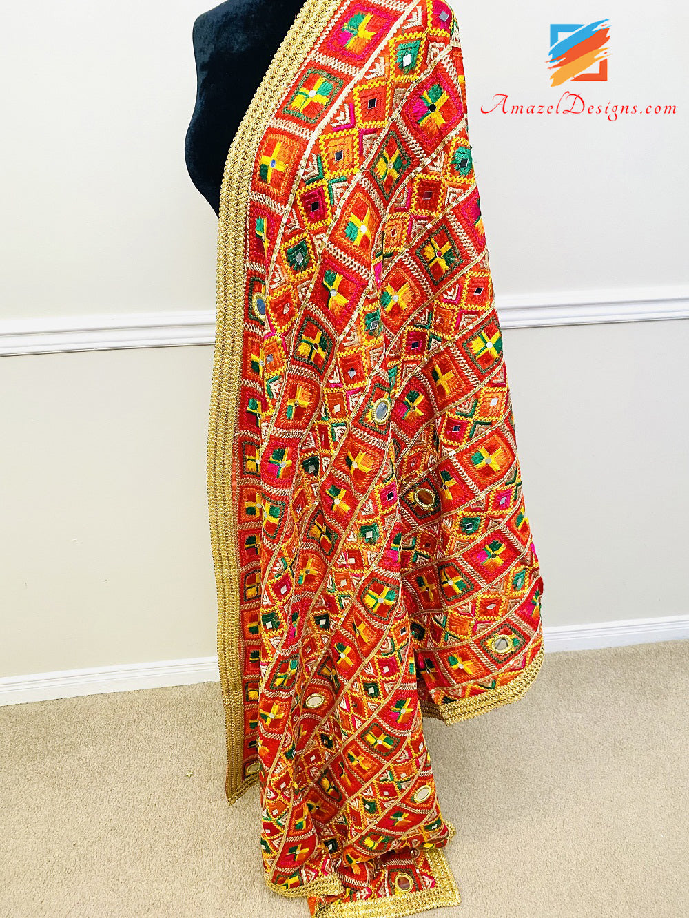 Multicoloured Mirror Ghungroo Fulkari 4 Sided Samosa Lace