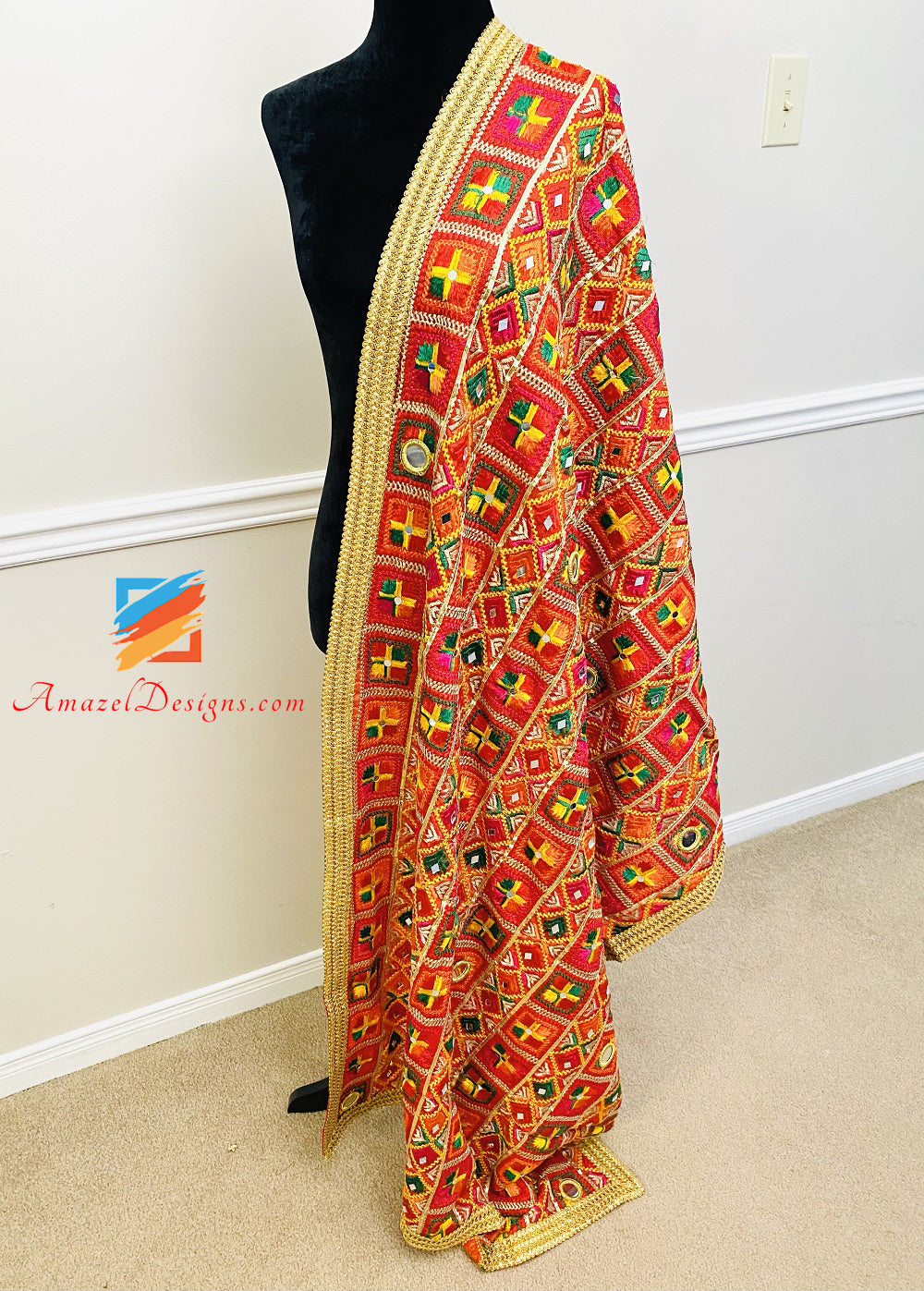 Multicoloured Mirror Ghungroo Fulkari 4 Sided Samosa Lace