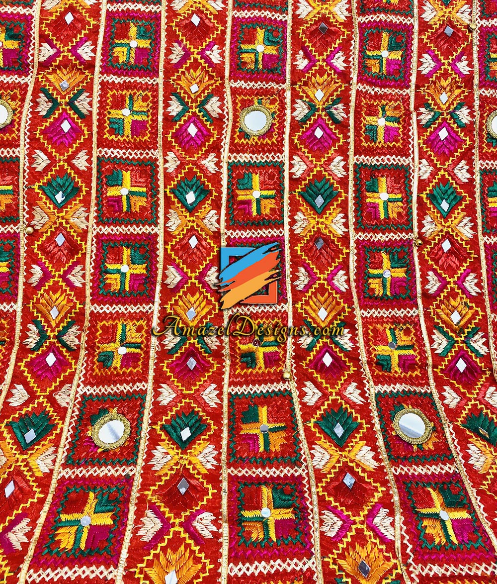 Multicoloured Mirror Ghungroo Fulkari 4 Sided Samosa Lace