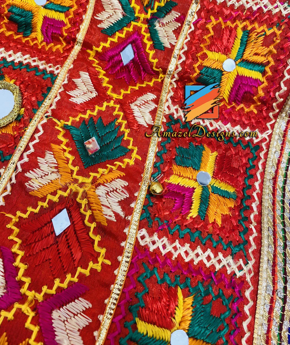 Multicoloured Mirror Ghungroo Fulkari 4 Sided Samosa Lace