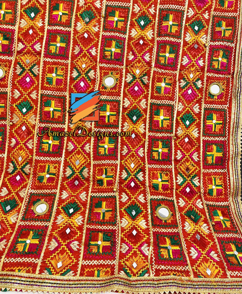 Multicoloured Mirror Ghungroo Fulkari 4 Sided Samosa Lace