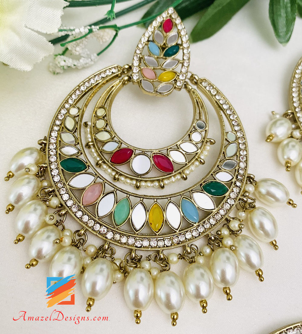 Multicoloured Mirror Oversized Earrings Tikka Set