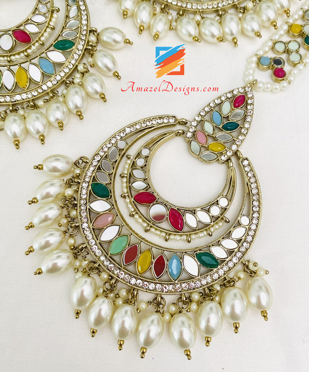 Multicoloured Mirror Oversized Earrings Tikka Set