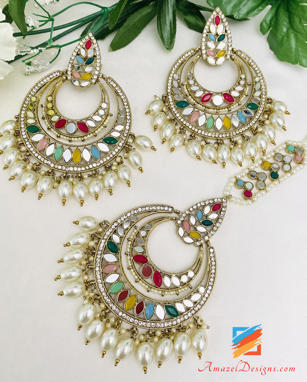 Multicoloured Mirror Oversized Earrings Tikka Set