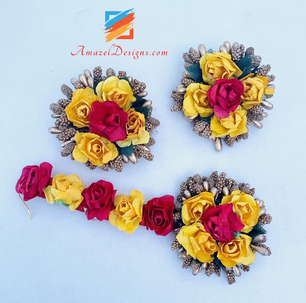 Mehrfarbige Halskette, Ohrringe, Tikka-Handstücke mit befestigtem Ring