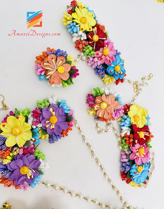 Multicoloured Necklace Jhumka Earrings Hand Pieces Tikka Flower Set