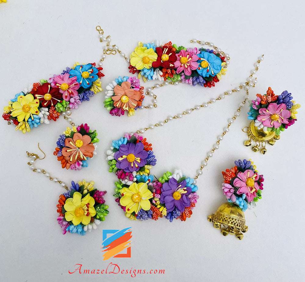 Multicoloured Necklace Jhumka Earrings Hand Pieces Tikka Flower Set