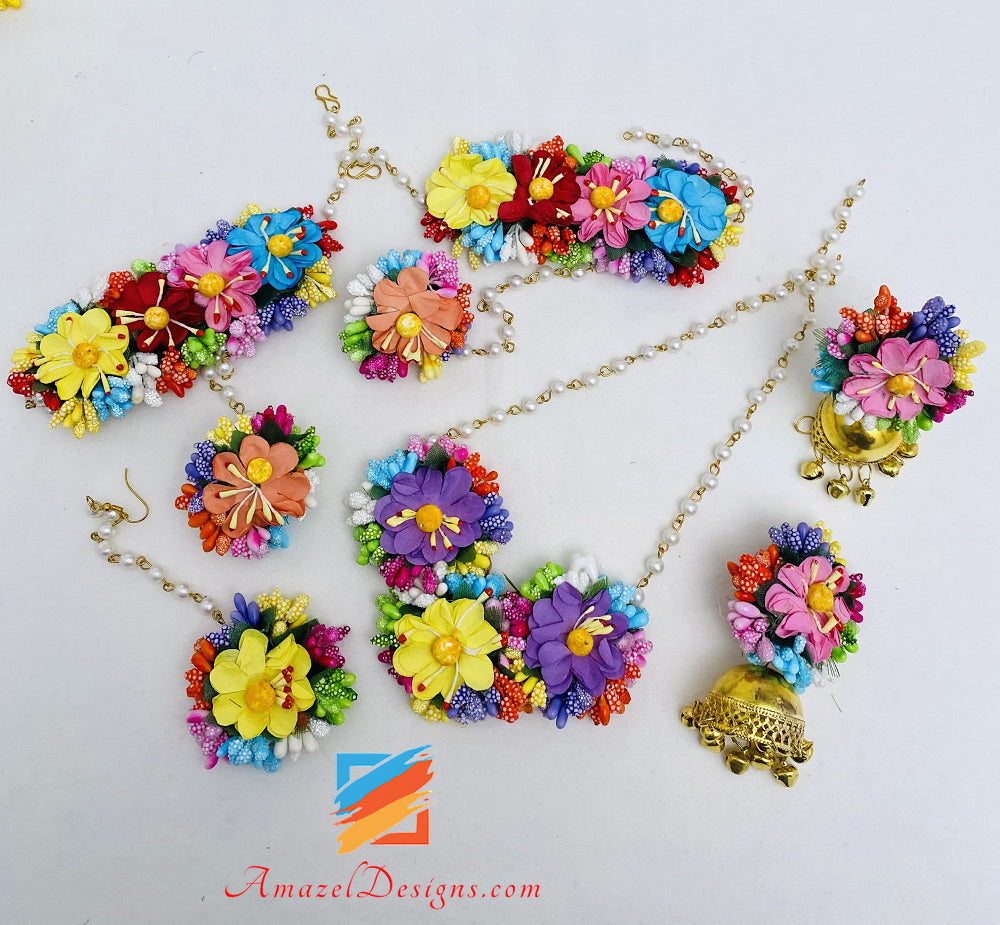 Bunte Halskette Jhumka Ohrringe Handstücke Tikka Blumen Set