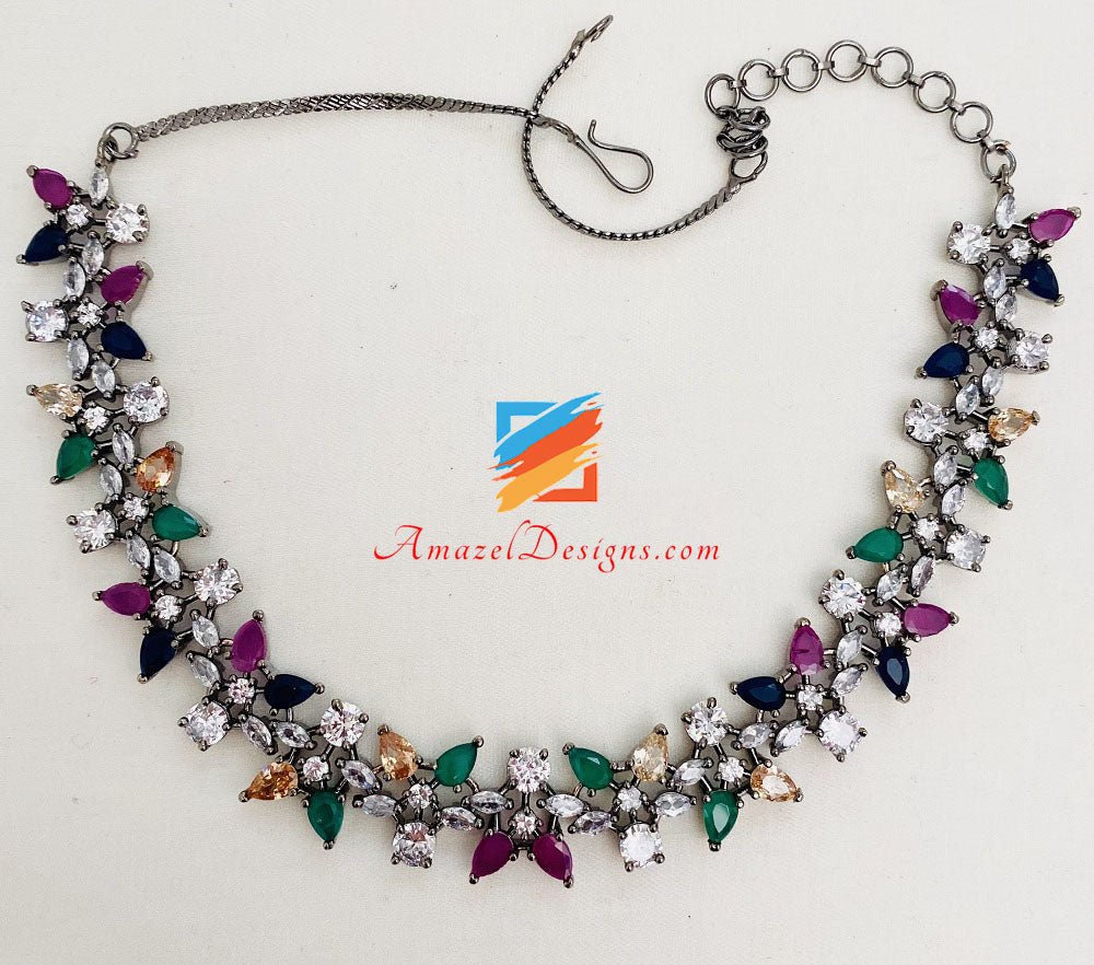 Multicoloured Oxidized American Diamond (AD) Necklace Studs Tikka Set
