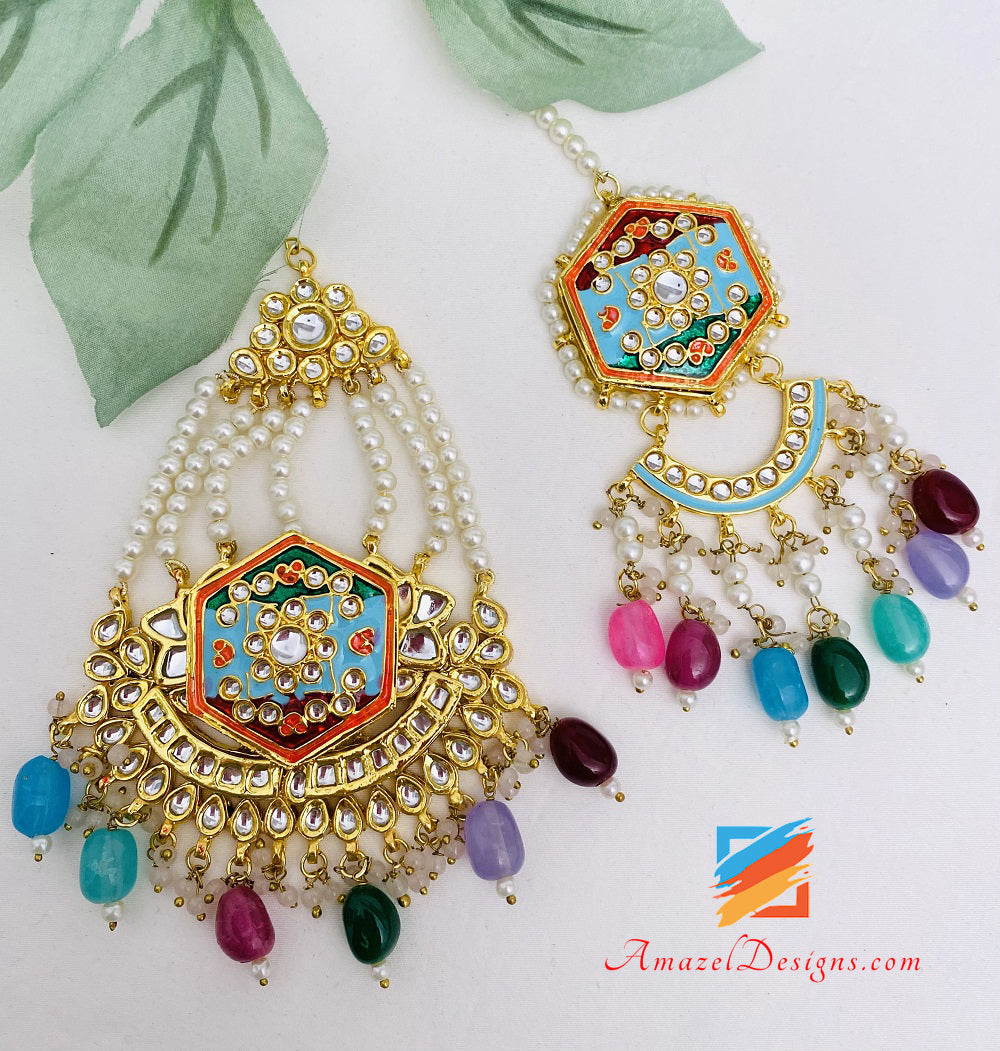 Multicoloured Painted Kundan Earrings Tikka Passa Set