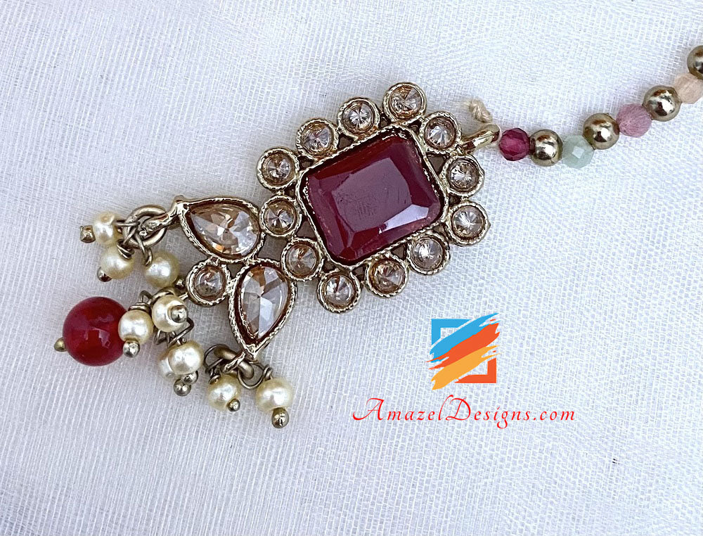 Mehrfarbiges Polki-Halsband-Jhumki-Tikka-Set