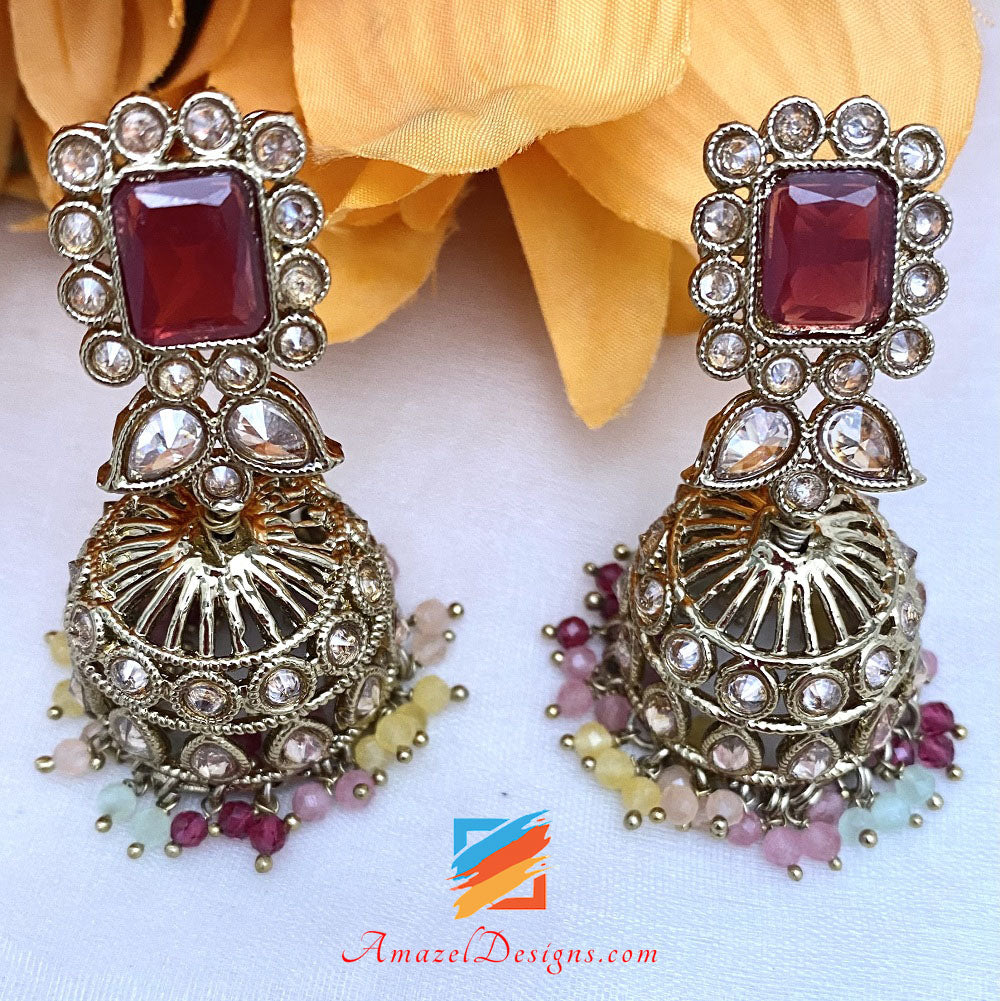 Mehrfarbiges Polki-Halsband-Jhumki-Tikka-Set