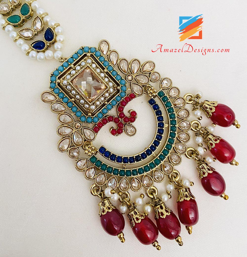 Multicoloured Polki Earrings Tikka Set