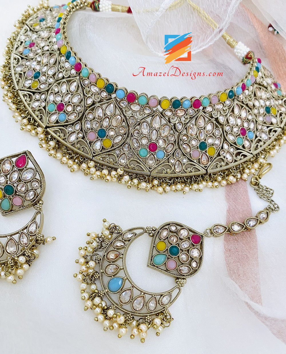 Multicoloured Polki Flexible Necklace Earrings Tikka Set