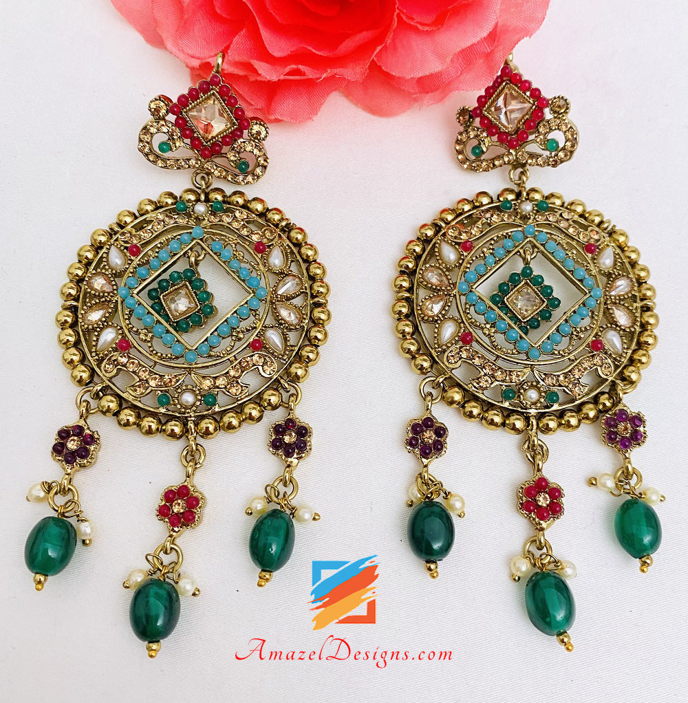 Multicoloured Polki Lightweight Earrings Tikka Set