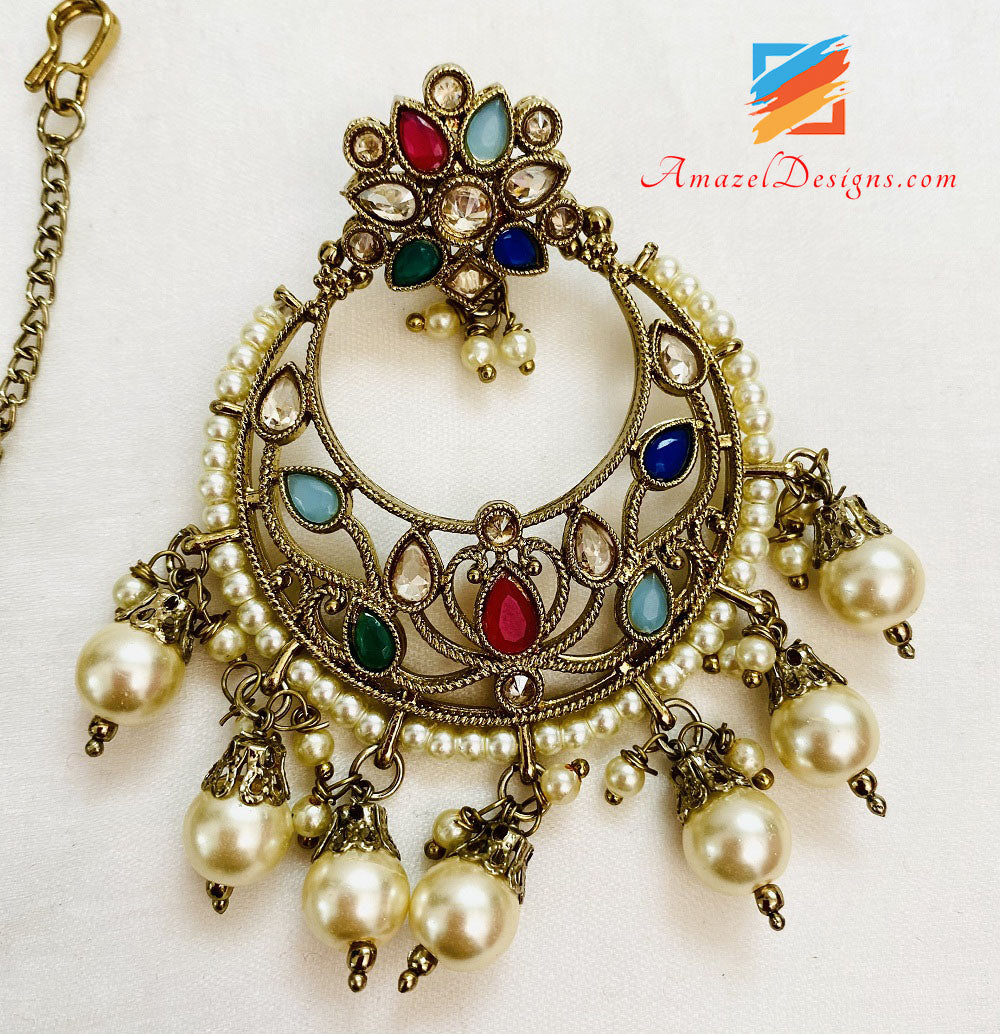Multicoloured Polki Long Mala Earrings Tikka Set