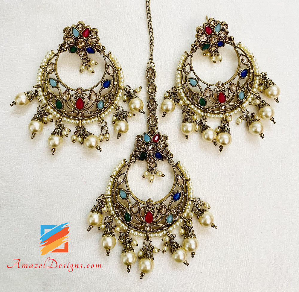 Multicoloured Polki Long Mala Earrings Tikka Set