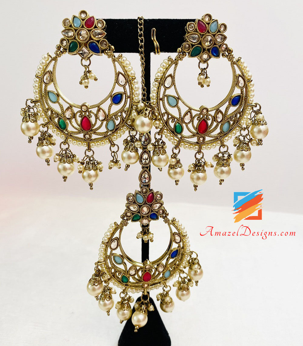Multicoloured Polki Long Mala Earrings Tikka Set
