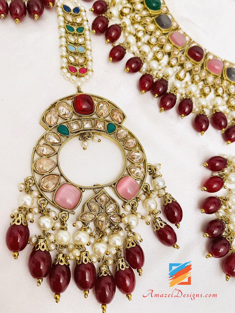 Multicolore Polki Monalisa Collana Orecchini Tikka Set