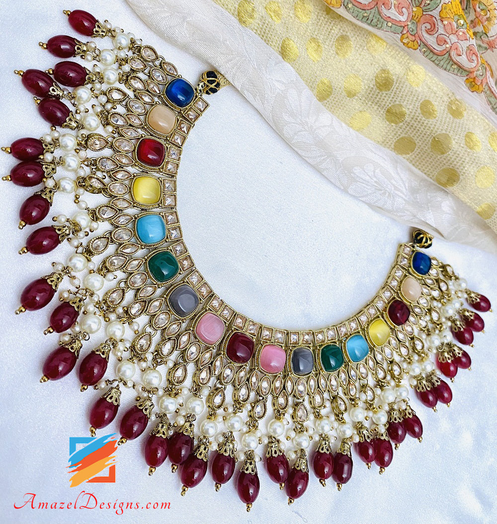 Multicolore Polki Monalisa Collana Orecchini Tikka Set