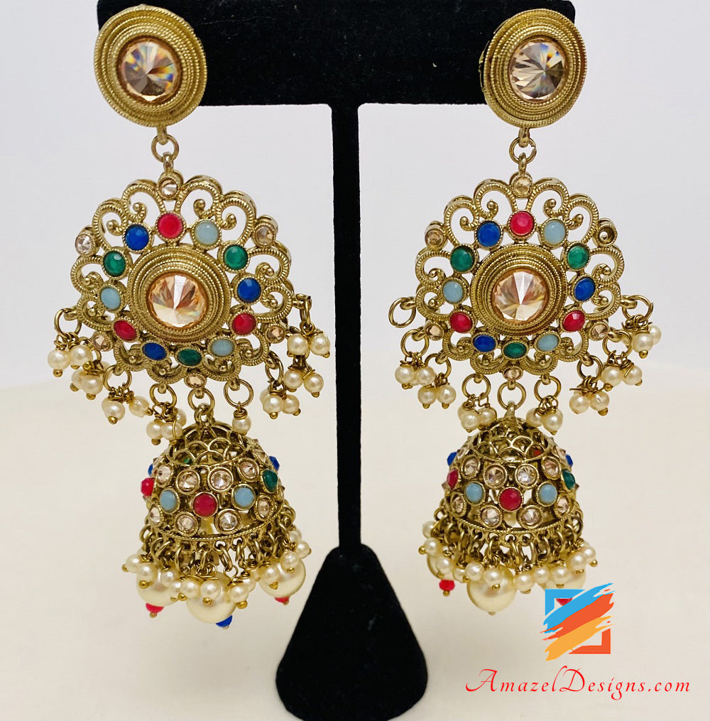 Multicoloured Polki Necklace Earrings Tikka Set