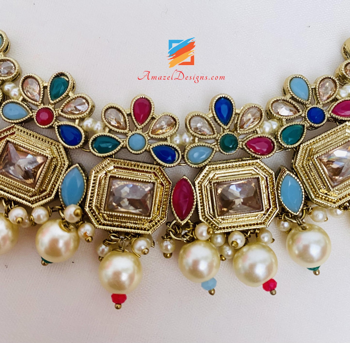 Multicoloured Polki Necklace Earrings Tikka Set