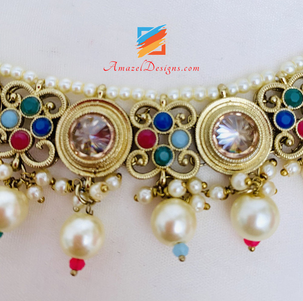 Multicoloured Polki Necklace Earrings Tikka Set