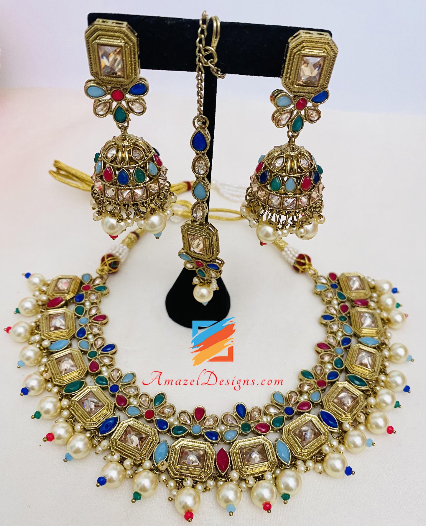 Multicoloured Polki Necklace Earrings Tikka Set