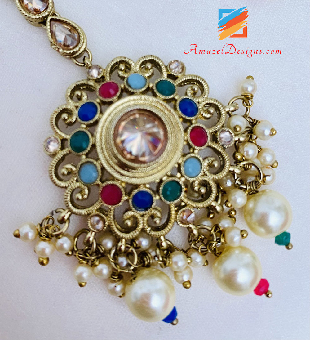 Multicoloured Polki Necklace Earrings Tikka Set
