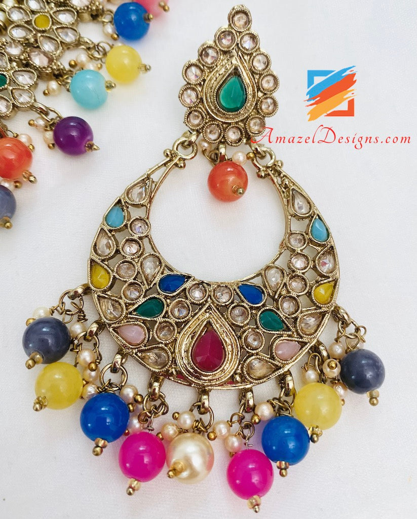Multicoloured Polki Necklace Earrings Tikka Set