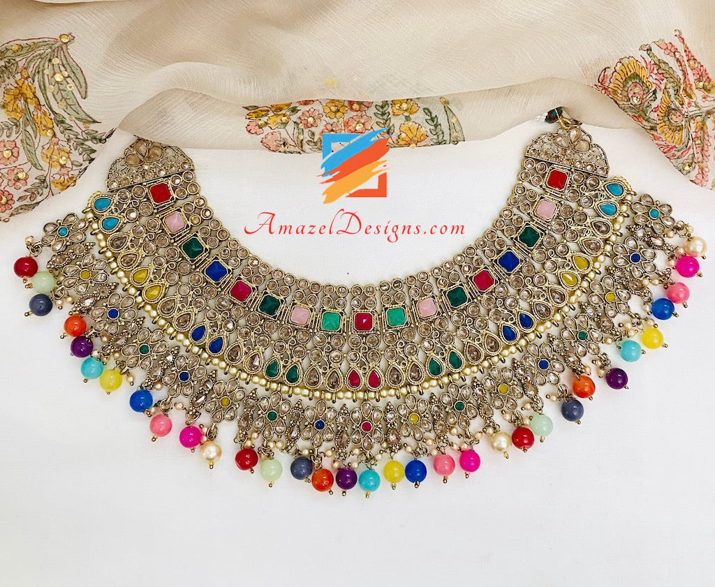 Multicoloured Polki Necklace Earrings Tikka Set