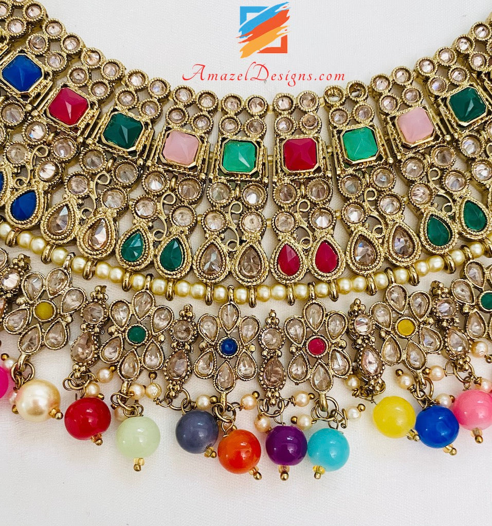 Multicoloured Polki Necklace Earrings Tikka Set
