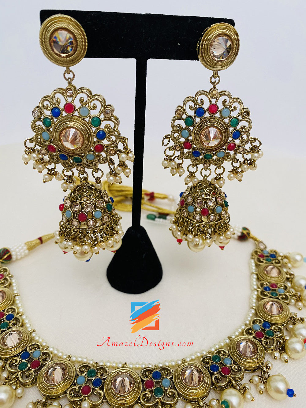 Multicoloured Polki Necklace Earrings Tikka Set