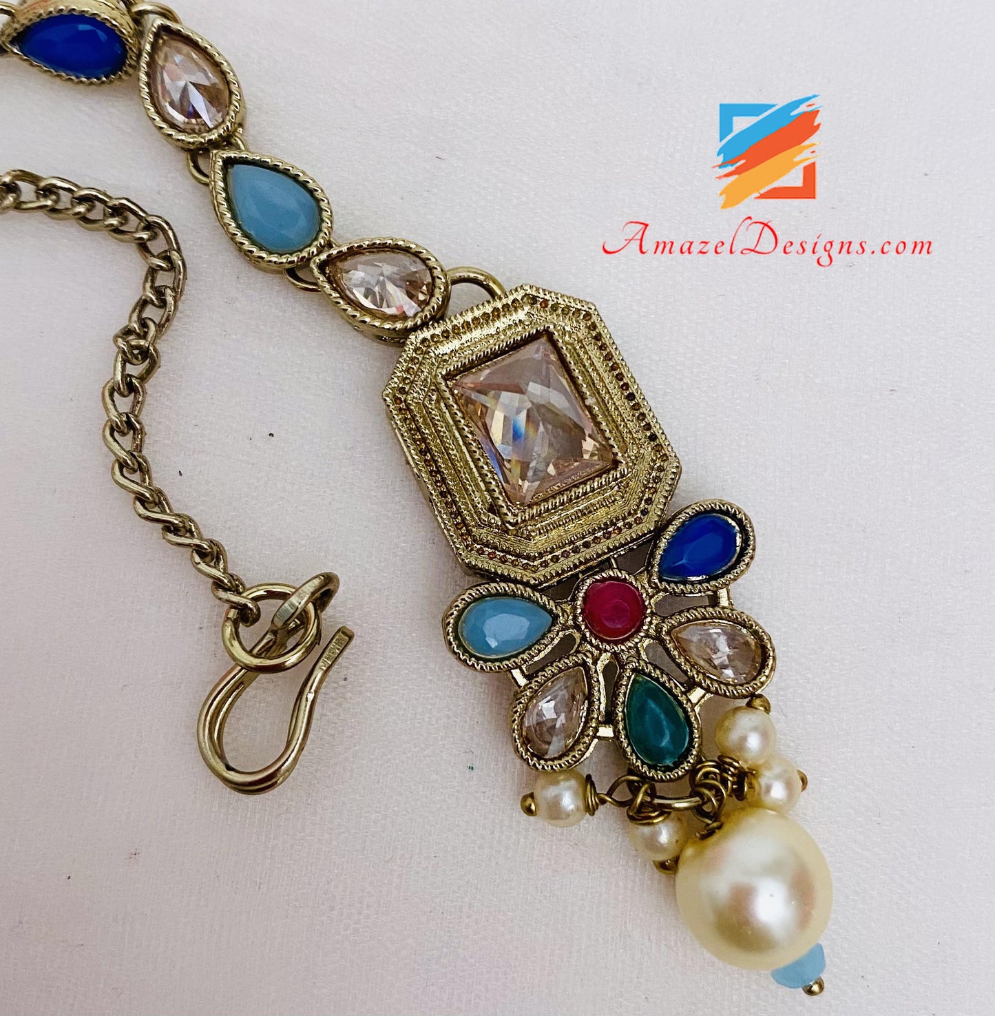 Multicoloured Polki Necklace Earrings Tikka Set