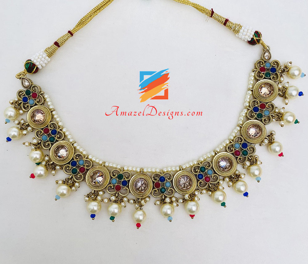 Multicoloured Polki Necklace Earrings Tikka Set