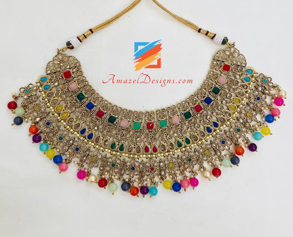 Multicoloured Polki Necklace Earrings Tikka Set
