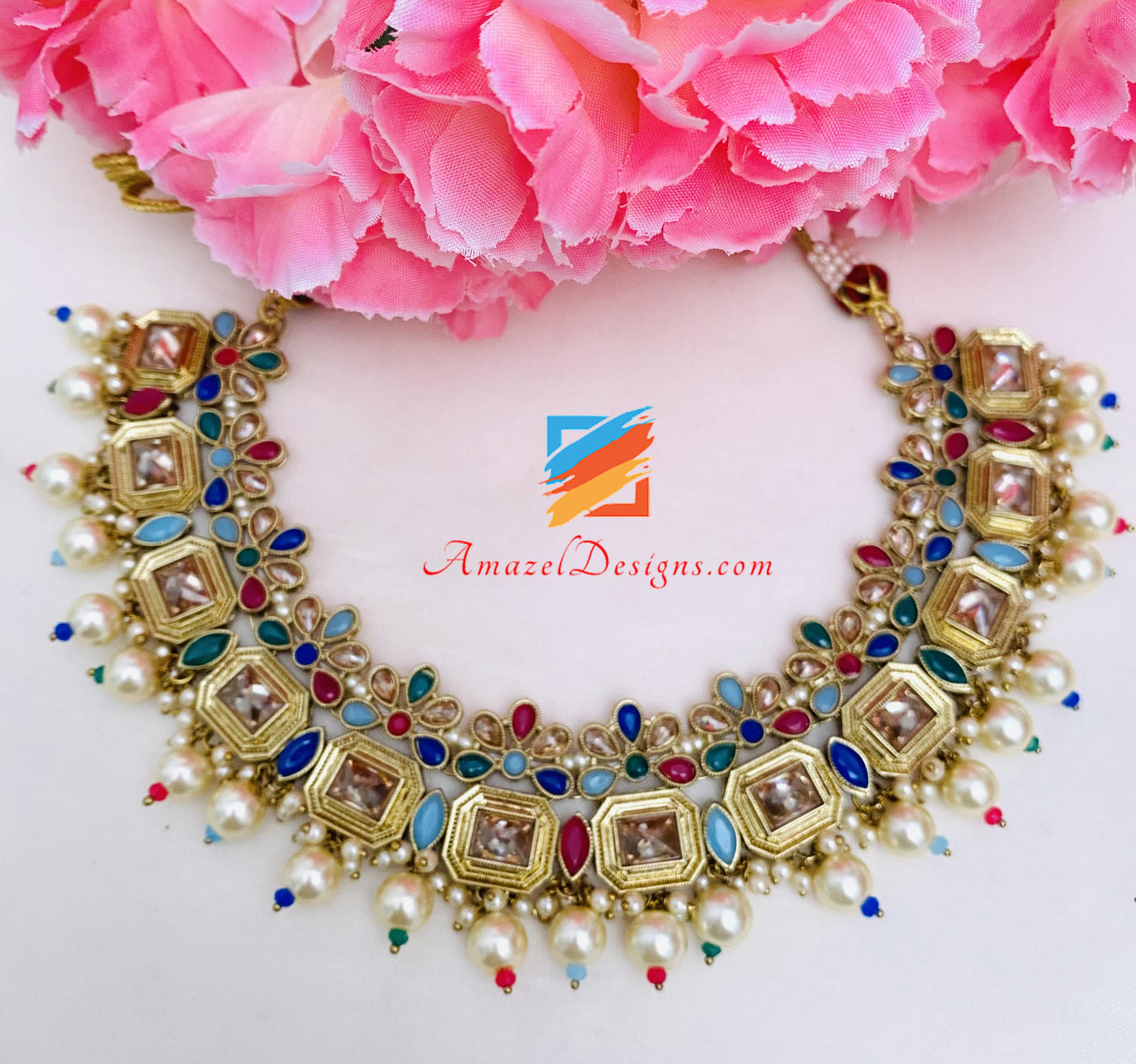 Multicoloured Polki Necklace Earrings Tikka Set