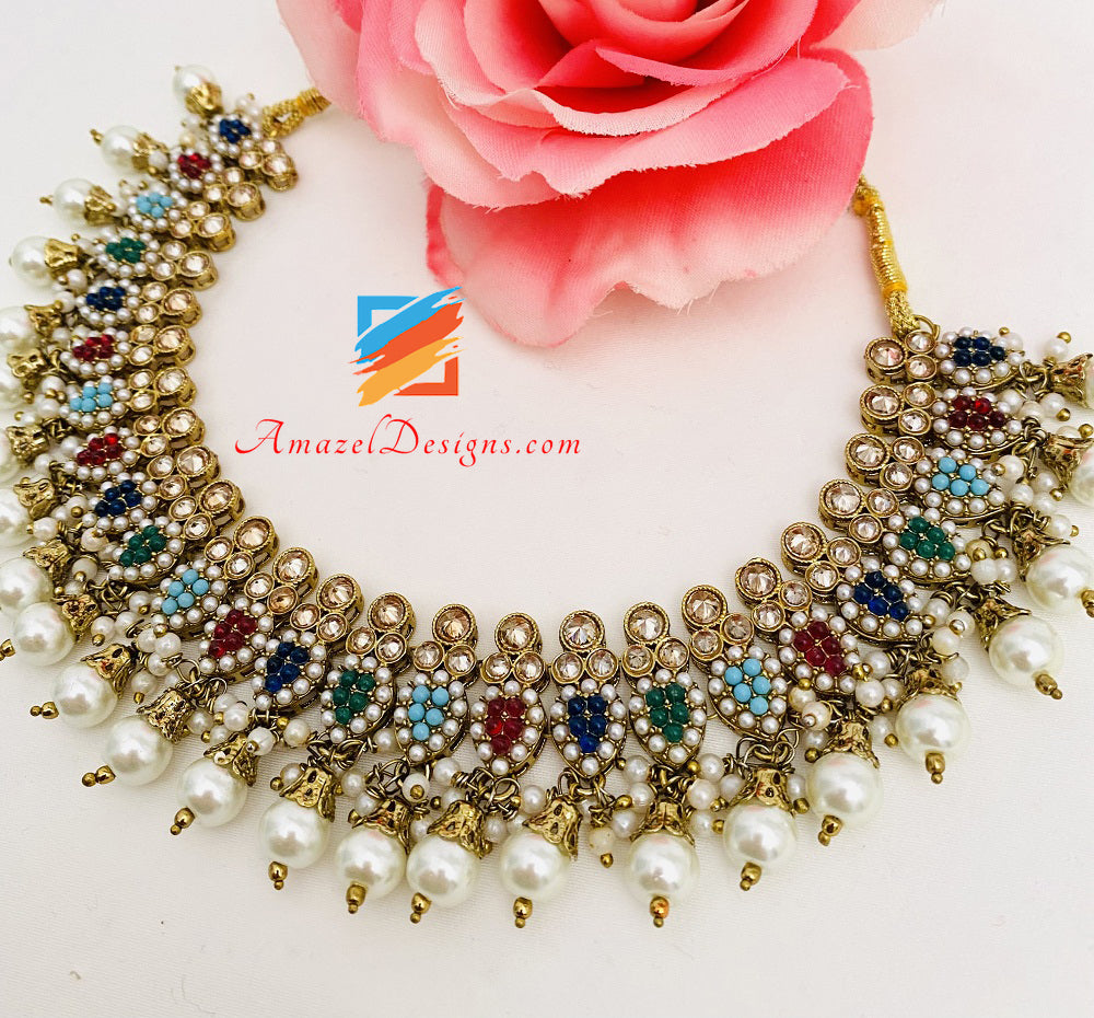 Multicoloured Polki Necklace Stud Earrings Tikka Set