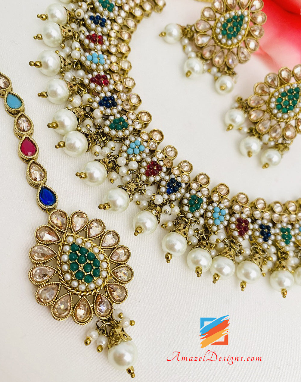 Multicoloured Polki Necklace Stud Earrings Tikka Set