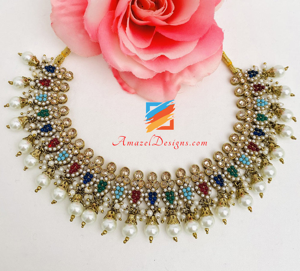 Multicoloured Polki Necklace Stud Earrings Tikka Set