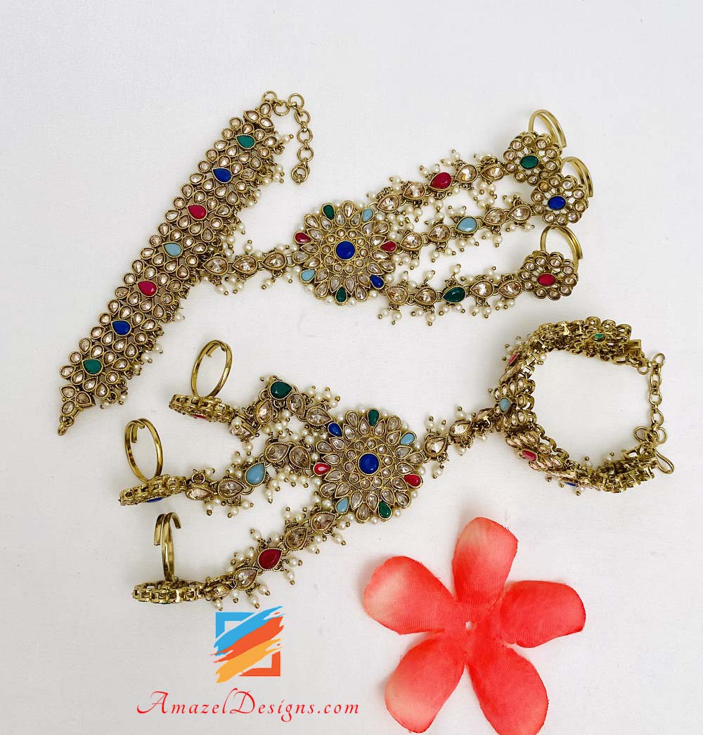Multicoloured Polki Thick Bracelet Hand Piece Set