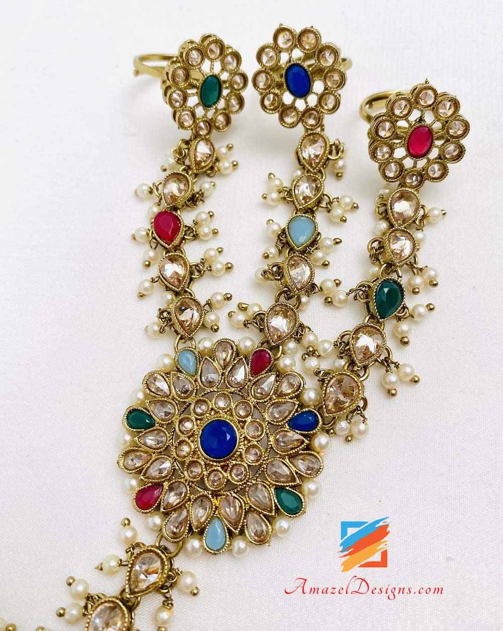 Multicoloured Polki Thick Bracelet Hand Piece Set