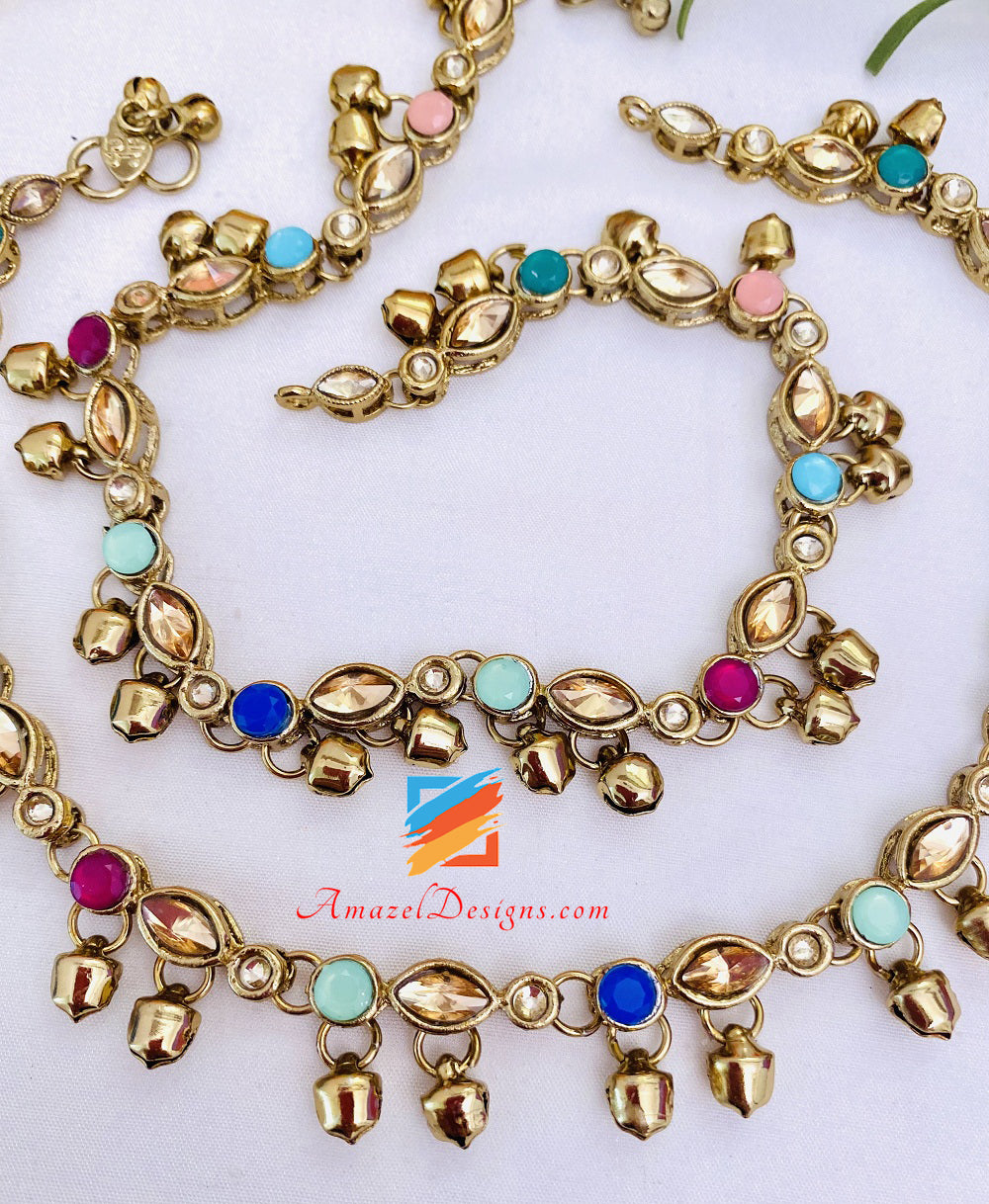 Multicoloured Polki With Ghungroo Payal