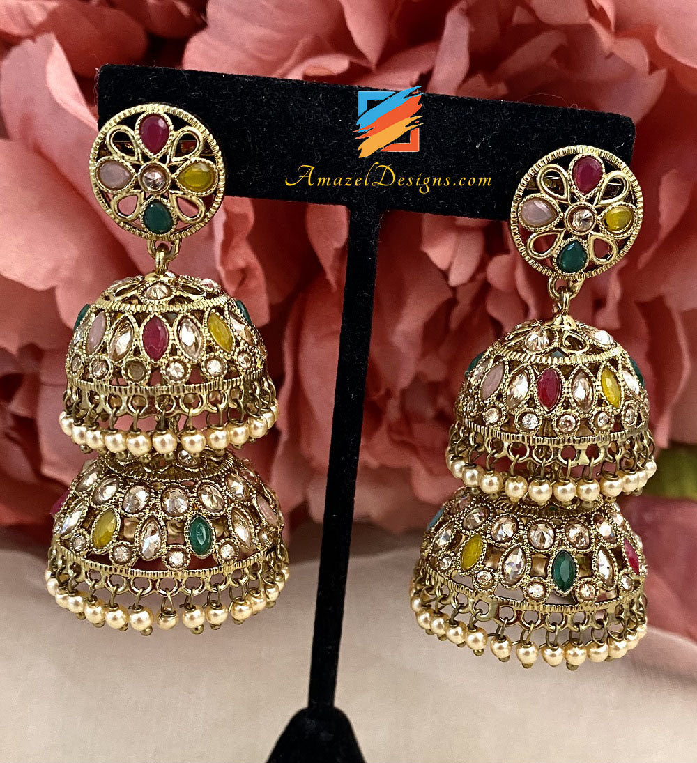 Orecchini Double Jhumki Polki Multicolore